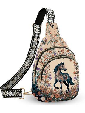 Unisex White Floral Sling Backpack Black Gold Imported Crossbody Bag